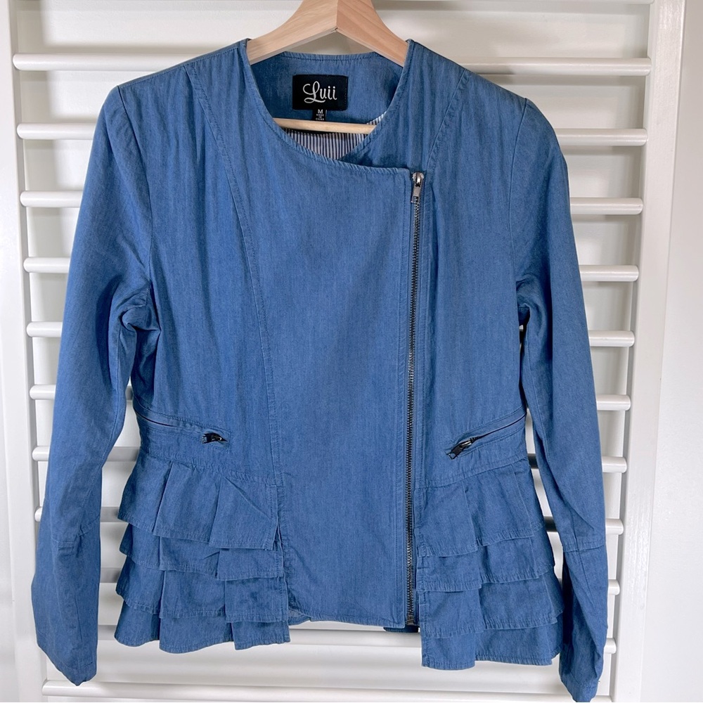 Anthropologie Luii Ruffled Chambray Bomber Style Zip Jacket Blazer Size Medium